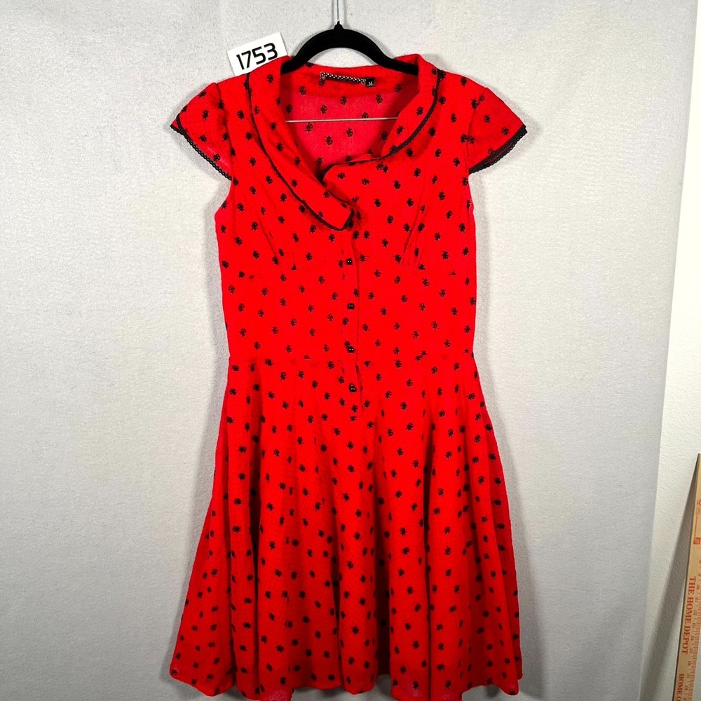 Voodoo Vixen A Line Dress Womens Medium Red Rose Polka Dot Lace Trim Cap Sleeve - Picture 1 of 6